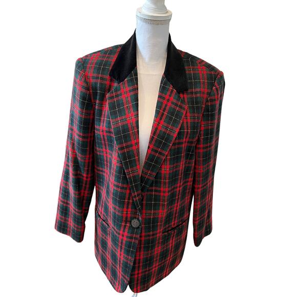 Vintage Sag Harbor Red Tartan Plaid Oversized Blazer 12 - Picture 1 of 8